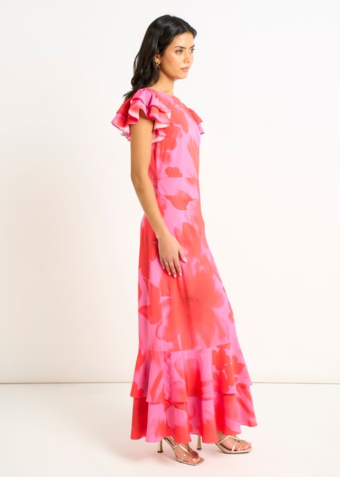 Vestido midi con volantes y estampado floral en acuarela rosa - Image 3