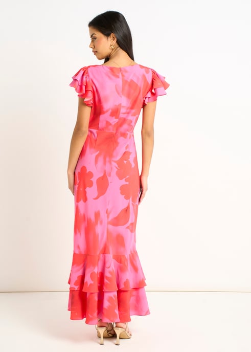 Vestido midi con volantes y estampado floral en acuarela rosa - Image 4