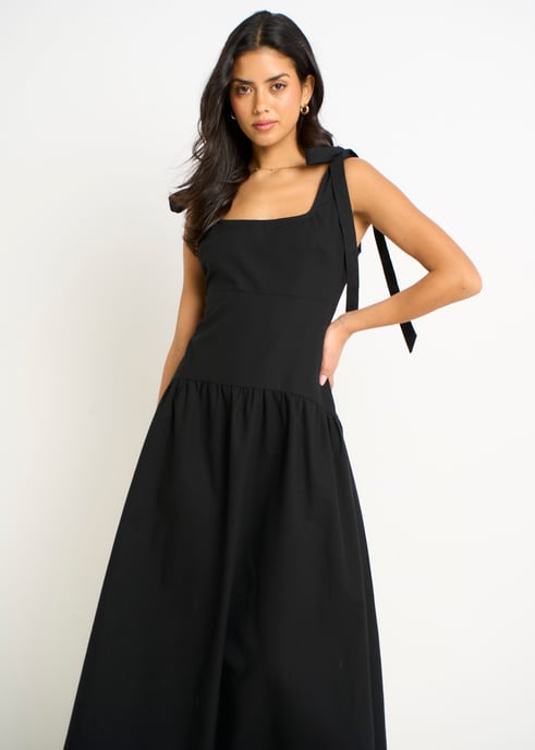 Vestido midi negro de mezcla de lino con cintura baja - Image 2