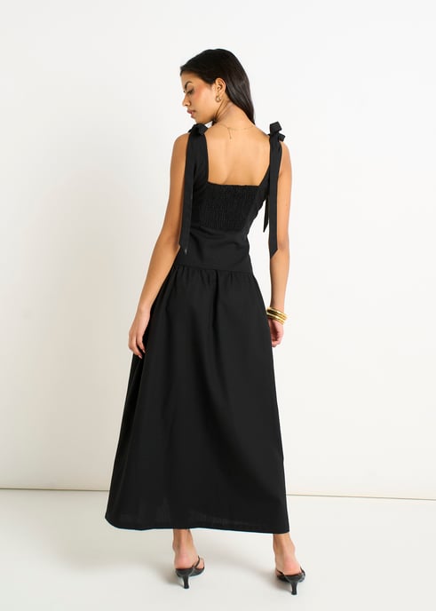 Vestido midi negro de mezcla de lino con cintura baja - Image 4