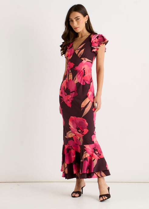 Vestido largo floral con volantes en las mangas, color marrón - Image 3