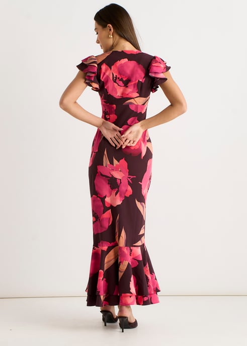 Vestido largo floral con volantes en las mangas, color marrón - Image 4