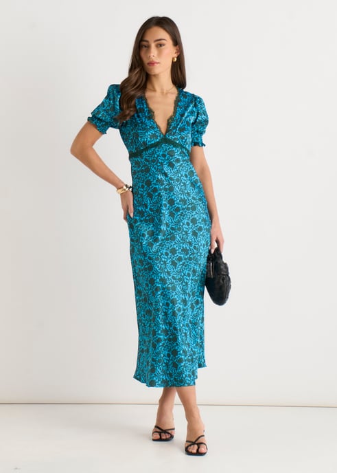 Vestido midi con cuello en V y ribete de encaje floral verde - Image 1