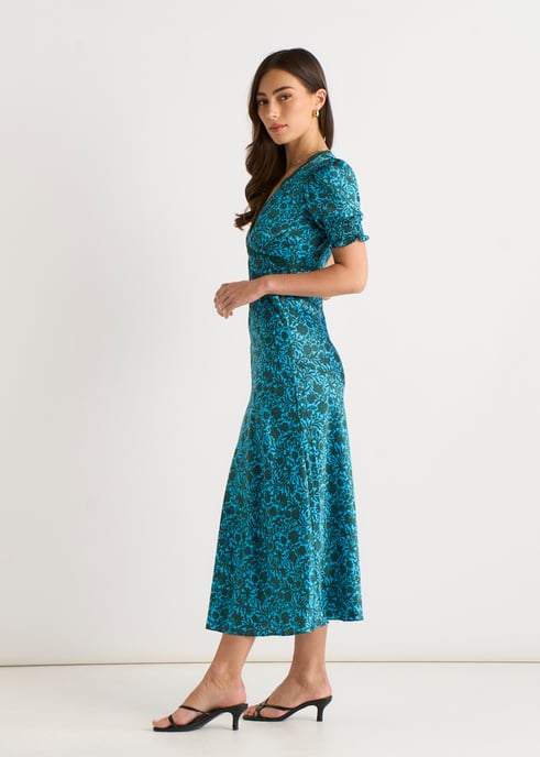 Vestido midi con cuello en V y ribete de encaje floral verde - Image 3