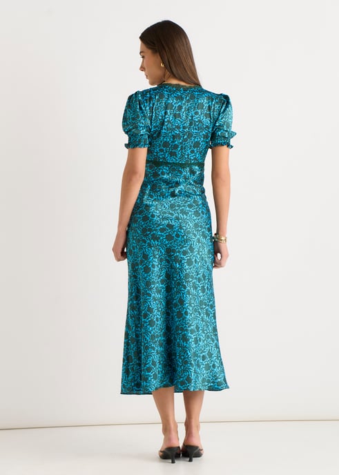 Vestido midi con cuello en V y ribete de encaje floral verde - Image 4