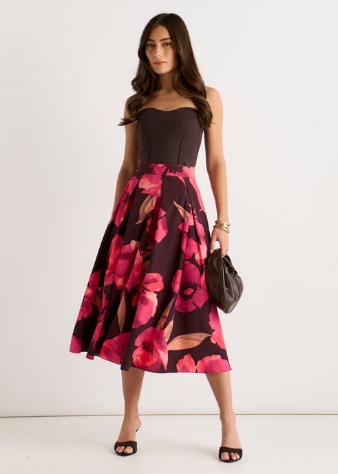 Falda midi marrón con pliegues de caja y estampado floral grande - Image 1