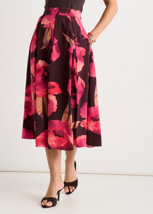 Falda midi marrón con pliegues de caja y estampado floral grande - Image 2