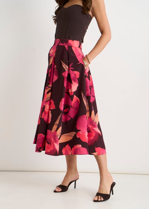 Falda midi marrón con pliegues de caja y estampado floral grande - Image 3