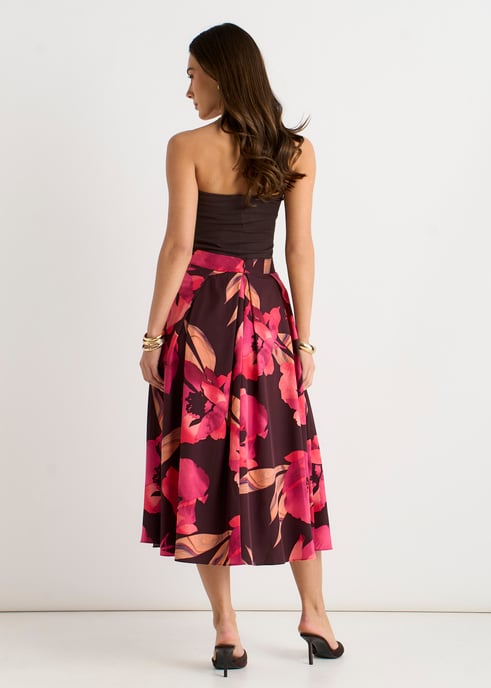 Falda midi marrón con pliegues de caja y estampado floral grande - Image 4