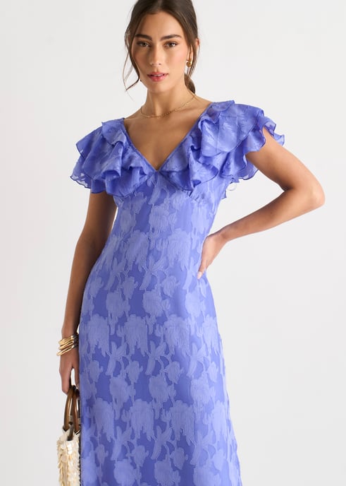 Vestido largo con volantes de jacquard de satén azul - Image 2