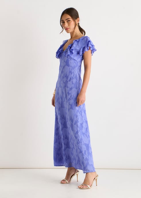 Vestido largo con volantes de jacquard de satén azul - Image 3