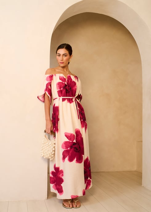 Vestido largo trapecio rosa Bardot - Image 1