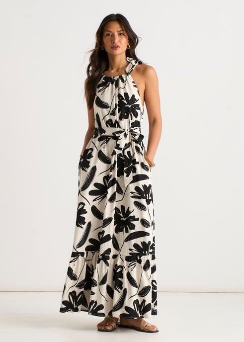 Vestido trapecio con cinturón, de mezcla de lino y estampado monocromático - Image 1