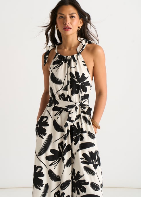 Vestido trapecio con cinturón, de mezcla de lino y estampado monocromático - Image 2