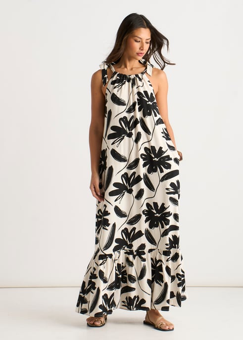 Vestido trapecio con cinturón, de mezcla de lino y estampado monocromático - Image 3
