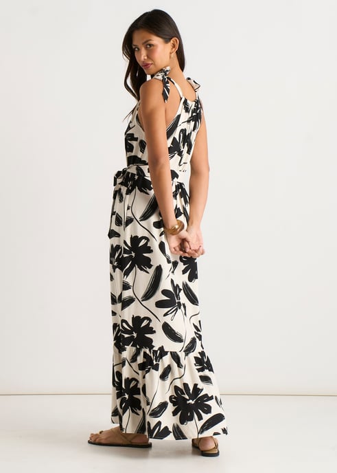Vestido trapecio con cinturón, de mezcla de lino y estampado monocromático - Image 4