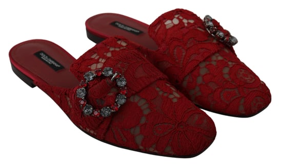 Zapatos Planos Deslizables de Encaje Rojo con Cristales de Dolce & Gabbana - Image 3