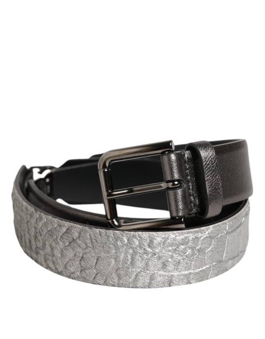 Cinturón de Hombre Dolce & Gabbana de Cuero Texturizado Negro Plateado con Hebilla - Image 2