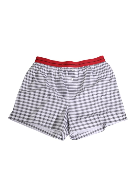 Dulce & Gabanna Pantalones Cortos de Baño de Algodón Blanco con Rayas y Cinta Roja en la Cintura - Image 1