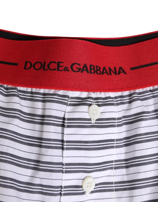 Dulce & Gabanna Pantalones Cortos de Baño de Algodón Blanco con Rayas y Cinta Roja en la Cintura - Image 3