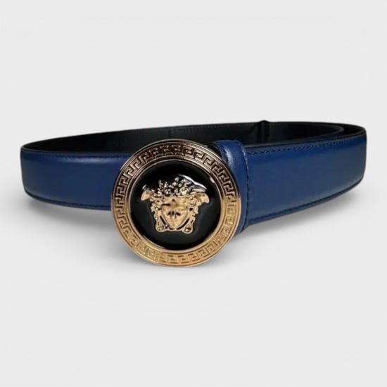 Cinturón de Cuero Medusa de Versace, Azul Marino y Negro - Image 2