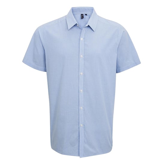 Premier Mens Micro Gingham Check Cotton Short-Sleeved Shirt (Light Blue/White) - Image 1