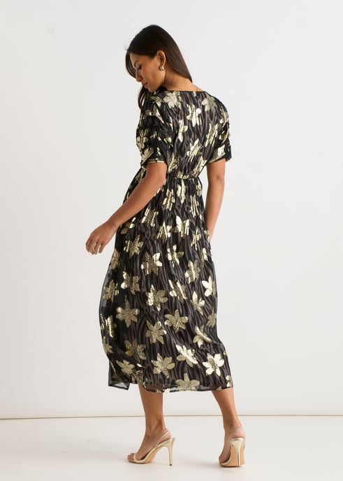 Vestido cruzado por delante con estampado floral negro y lurex - Image 4