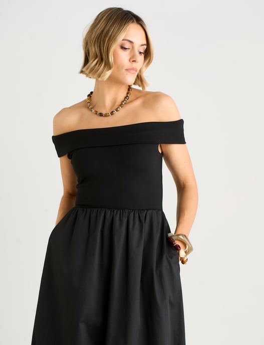 Vestido midi negro de punto mixto con volantes tipo «puff ball» y escote Bardot - Image 2