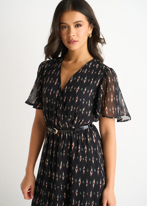 Vestido midi de seda negra con estampado geométrico - Image 2