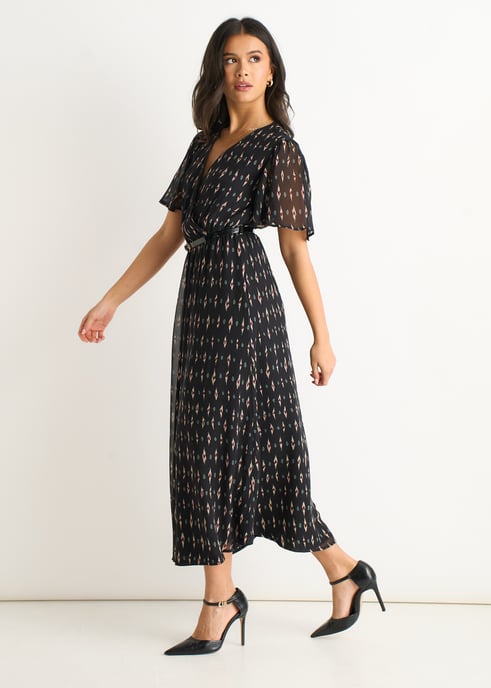 Vestido midi de seda negra con estampado geométrico - Image 3