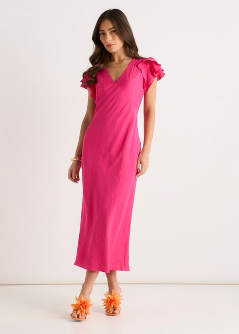 Vestido midi rosa con cuello en V, volantes y corte al bies - Image 1