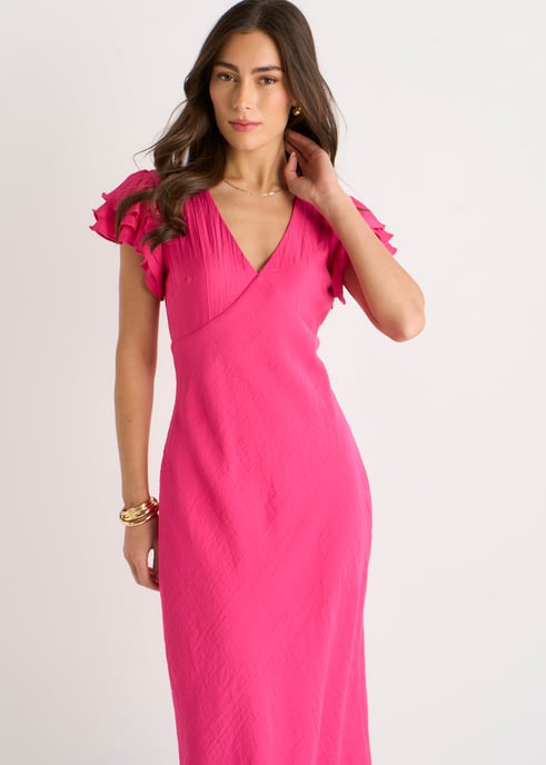 Vestido midi rosa con cuello en V, volantes y corte al bies - Image 2