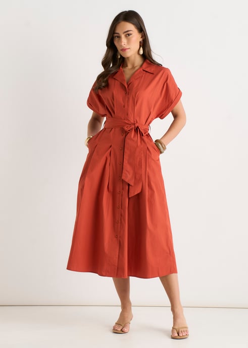 Vestido camisero de algodón color óxido con botones y cinturón - Image 1