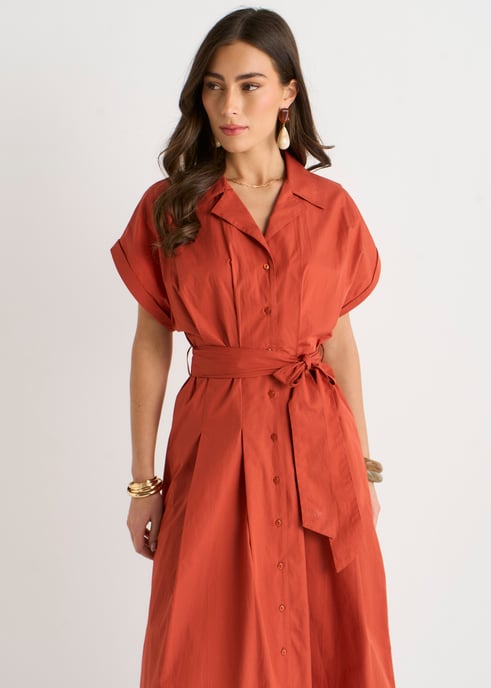 Vestido camisero de algodón color óxido con botones y cinturón - Image 2