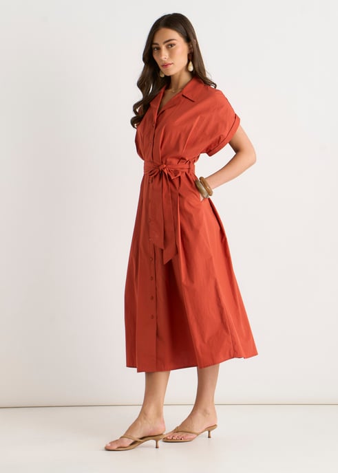 Vestido camisero de algodón color óxido con botones y cinturón - Image 3