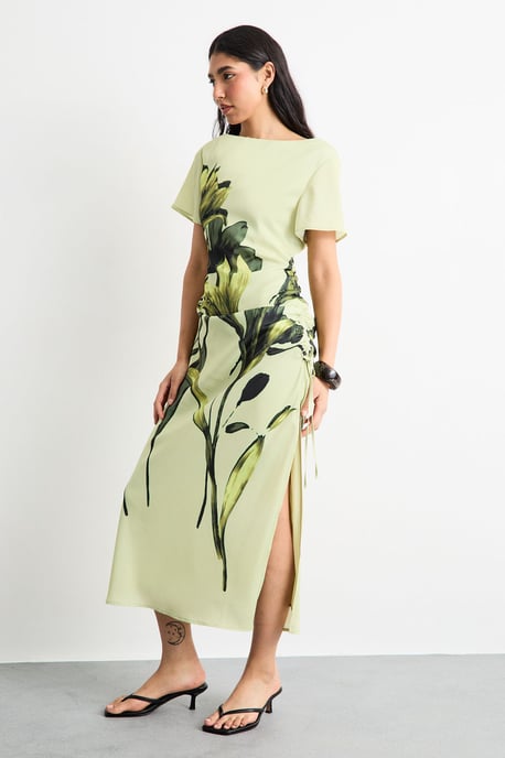 Placement Print Crinkle Satin Ruched Midi Dress - Image 4