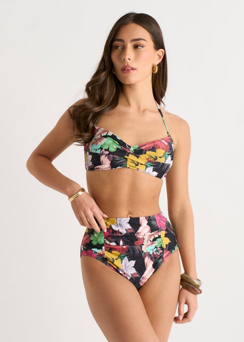 Bikini con panel fruncido y estampado floral multicolor tropical - Image 1