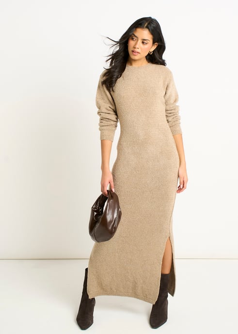 Vestido largo ajustado de jersey bouclé color avena - Image 3