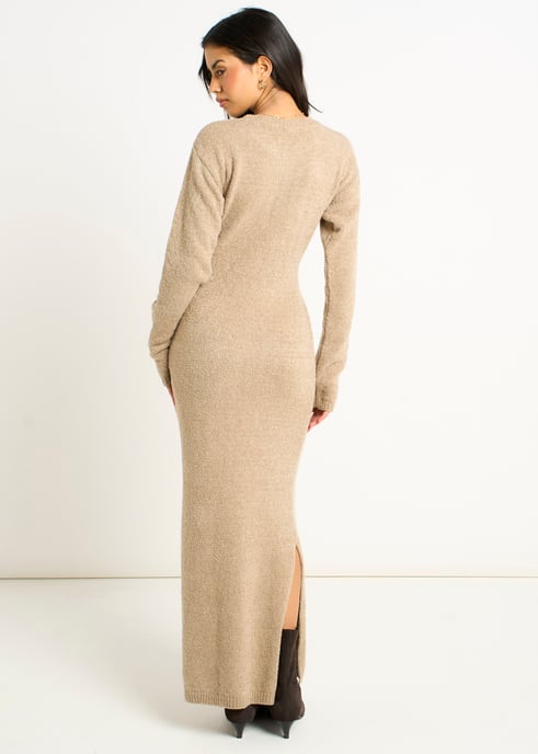 Vestido largo ajustado de jersey bouclé color avena - Image 4