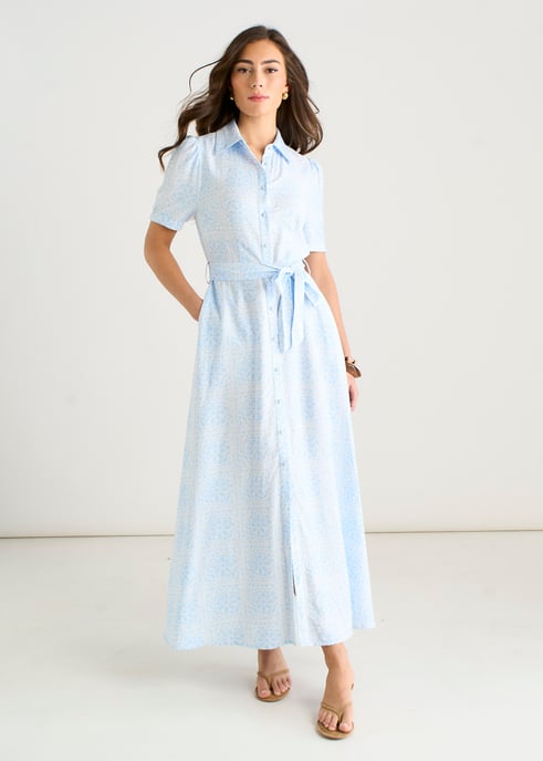 Vestido largo tipo camisa con botones, de mezcla de algodón, con estampado de azulejos azules - Image 1