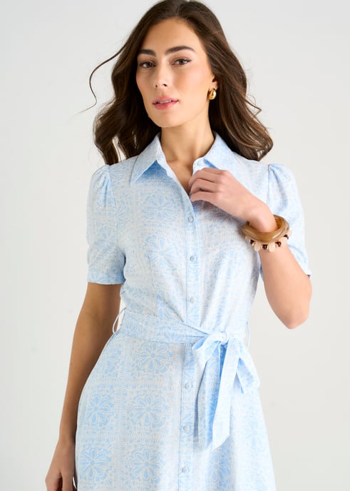 Vestido largo tipo camisa con botones, de mezcla de algodón, con estampado de azulejos azules - Image 2