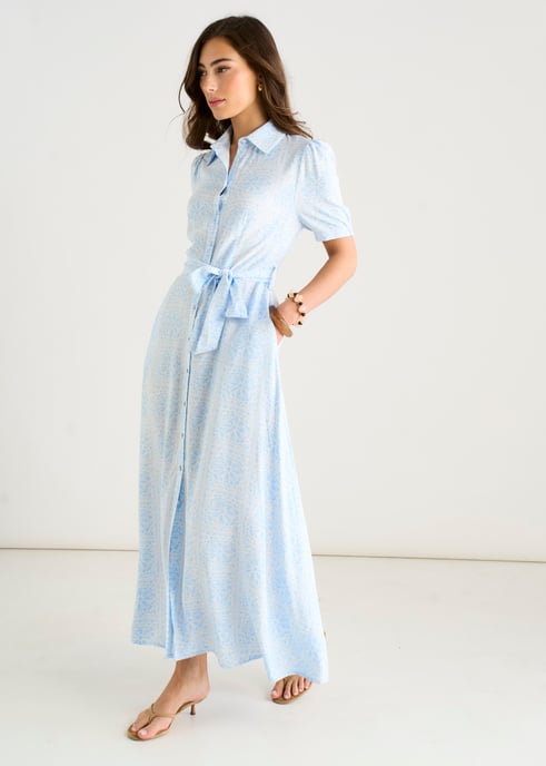 Vestido largo tipo camisa con botones, de mezcla de algodón, con estampado de azulejos azules - Image 3