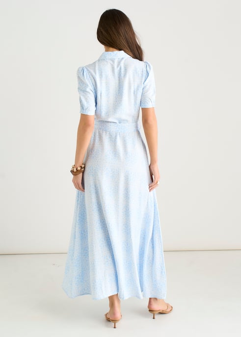 Vestido largo tipo camisa con botones, de mezcla de algodón, con estampado de azulejos azules - Image 4