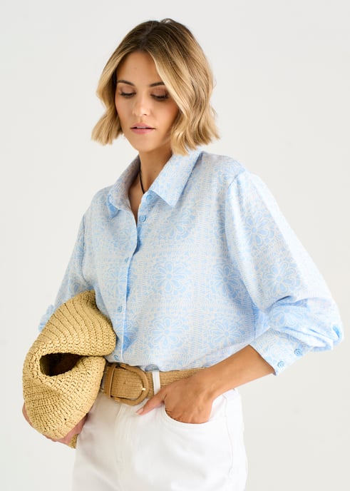 Camisa azul con estampado de azulejos, de mezcla de algodón, con botones - Image 2