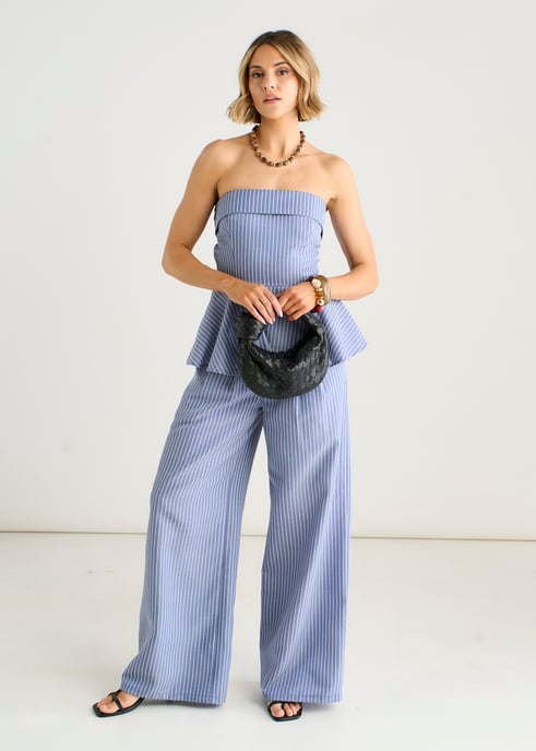 Pantalones de vestir azules de corte ancho con pliegues en la parte delantera - Image 1