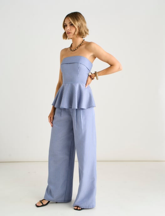Pantalones de vestir azules de corte ancho con pliegues en la parte delantera - Image 3