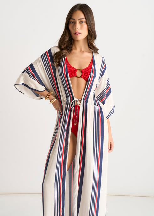 Kimono de playa con detalles de corbata y rayas múltiples - Image 2