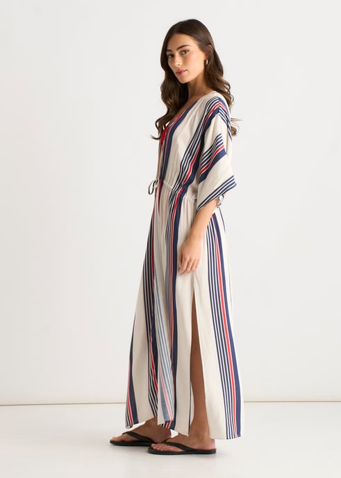 Kimono de playa con detalles de corbata y rayas múltiples - Image 3