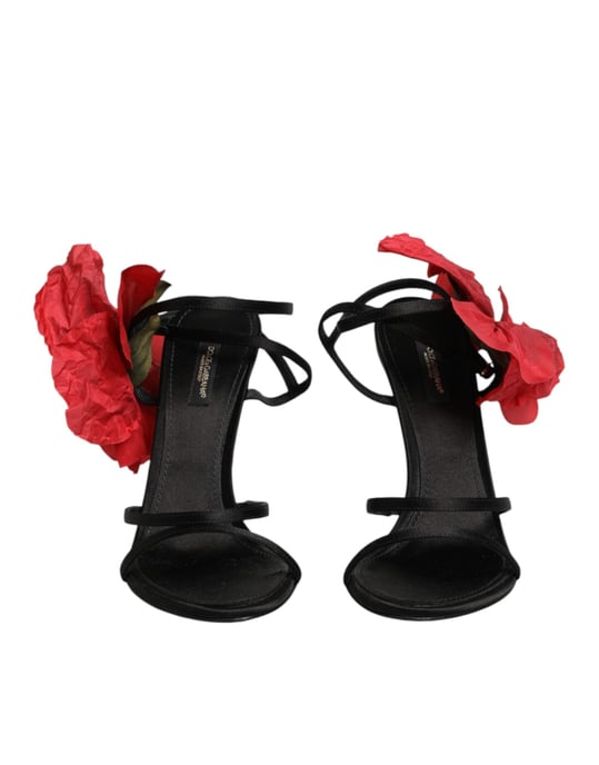 Sandalias de tacón con tiras de cuero negro y flores de Dolce & Gabbana - Image 3