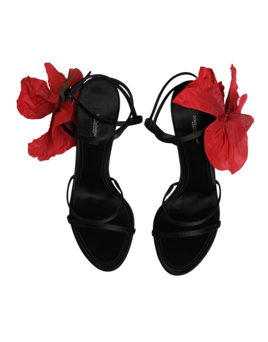 Sandalias de tacón con tiras de cuero negro y flores de Dolce & Gabbana - Image 4